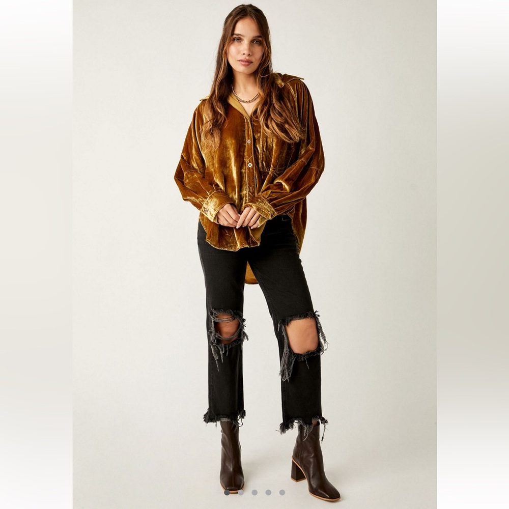 Free People Velvet Button-Down Shirt in Golden Brown